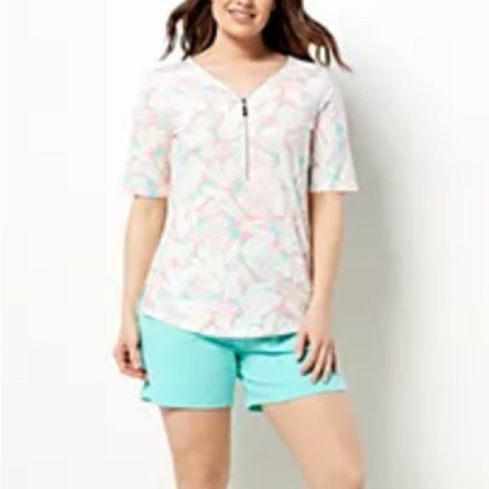 Belle by Kim Gravel TripleLuxe Knit Tropical Zip Top L Cantaloupe A501168
